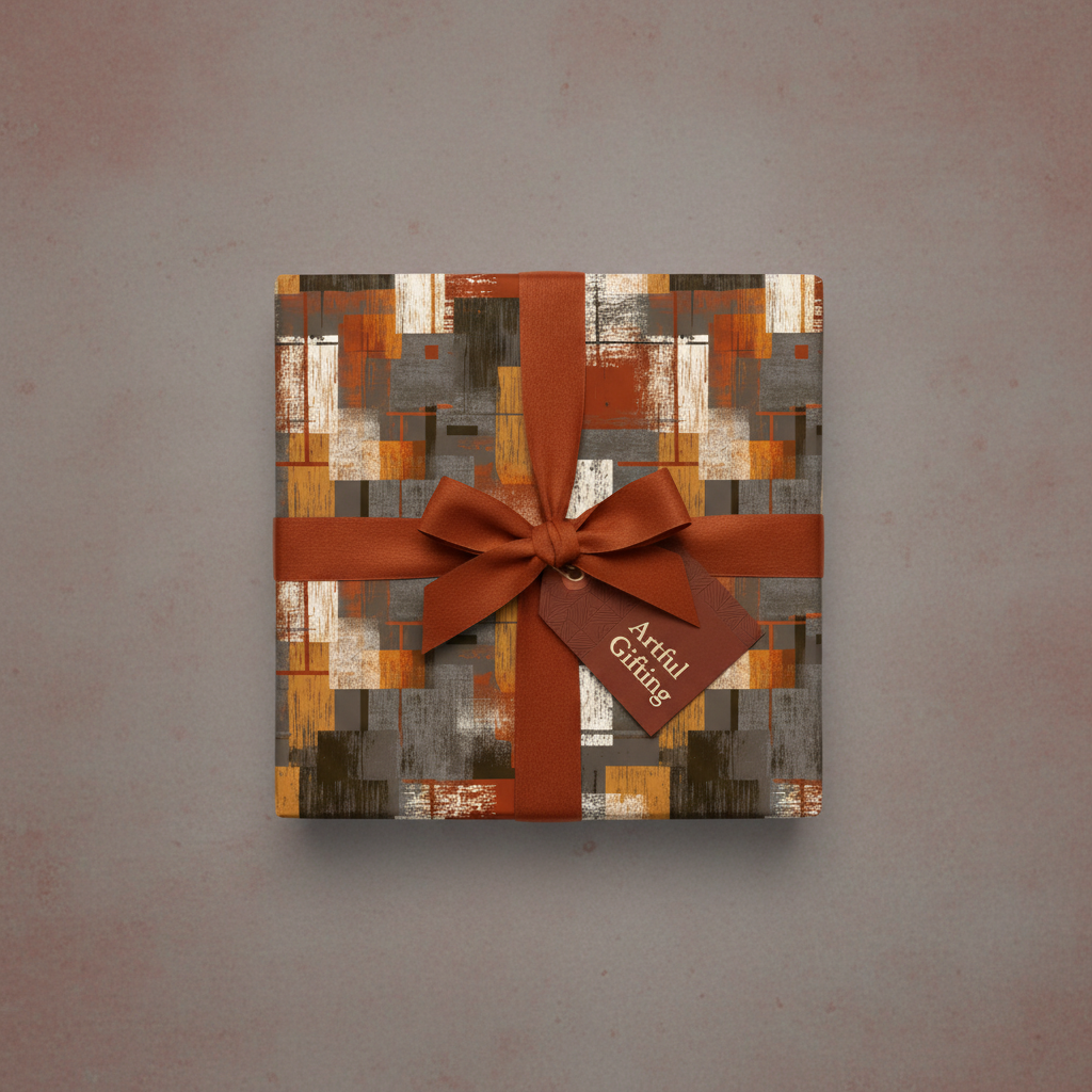 Abstract patterned wrapping paper in neutral tones with a rust-colored ribbon and "Artful Gifting" tag.