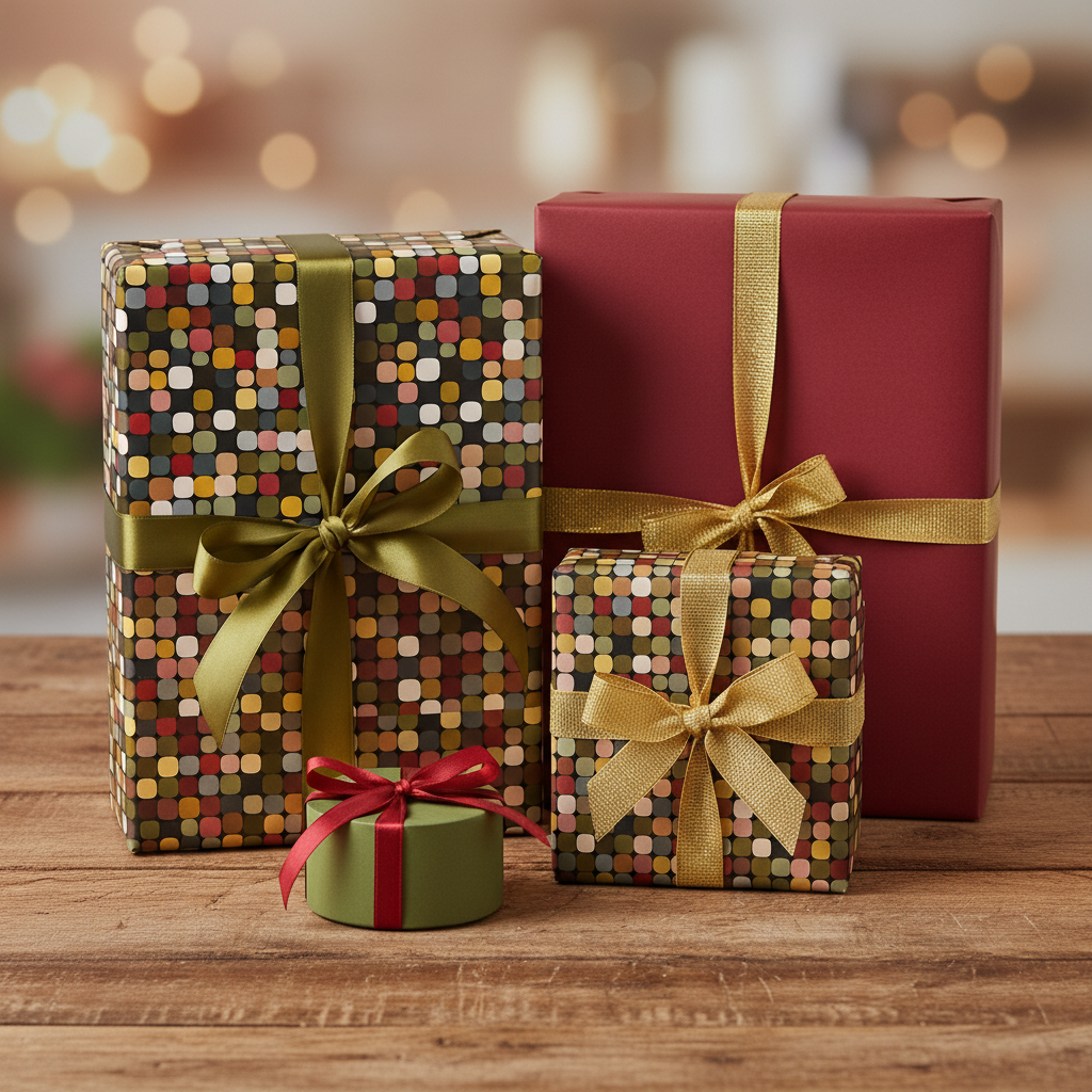 Modern gift wrap featuring geometric patterned wrapping paper and elegant ribbons for Christmas or birthday presents.