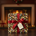 Geometric Christmas gift wrap with a red satin bow and "special something" tag sits before a cozy fireplace.