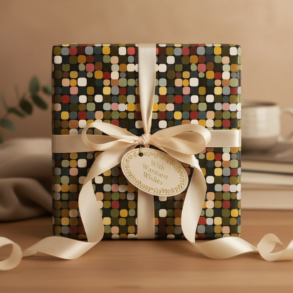 Modern gift wrapped in geometric square wrapping paper with cream ribbon and "Warmest Wishes" tag.