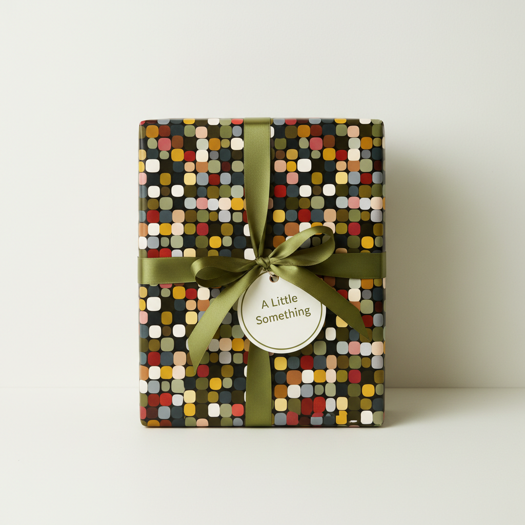 Gift box in retro-style wrapping paper with olive green ribbon and tag.