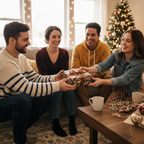 Friends exchanging a present wrapped in modern holiday wrapping paper with a brown ribbon at a Christmas celebration.