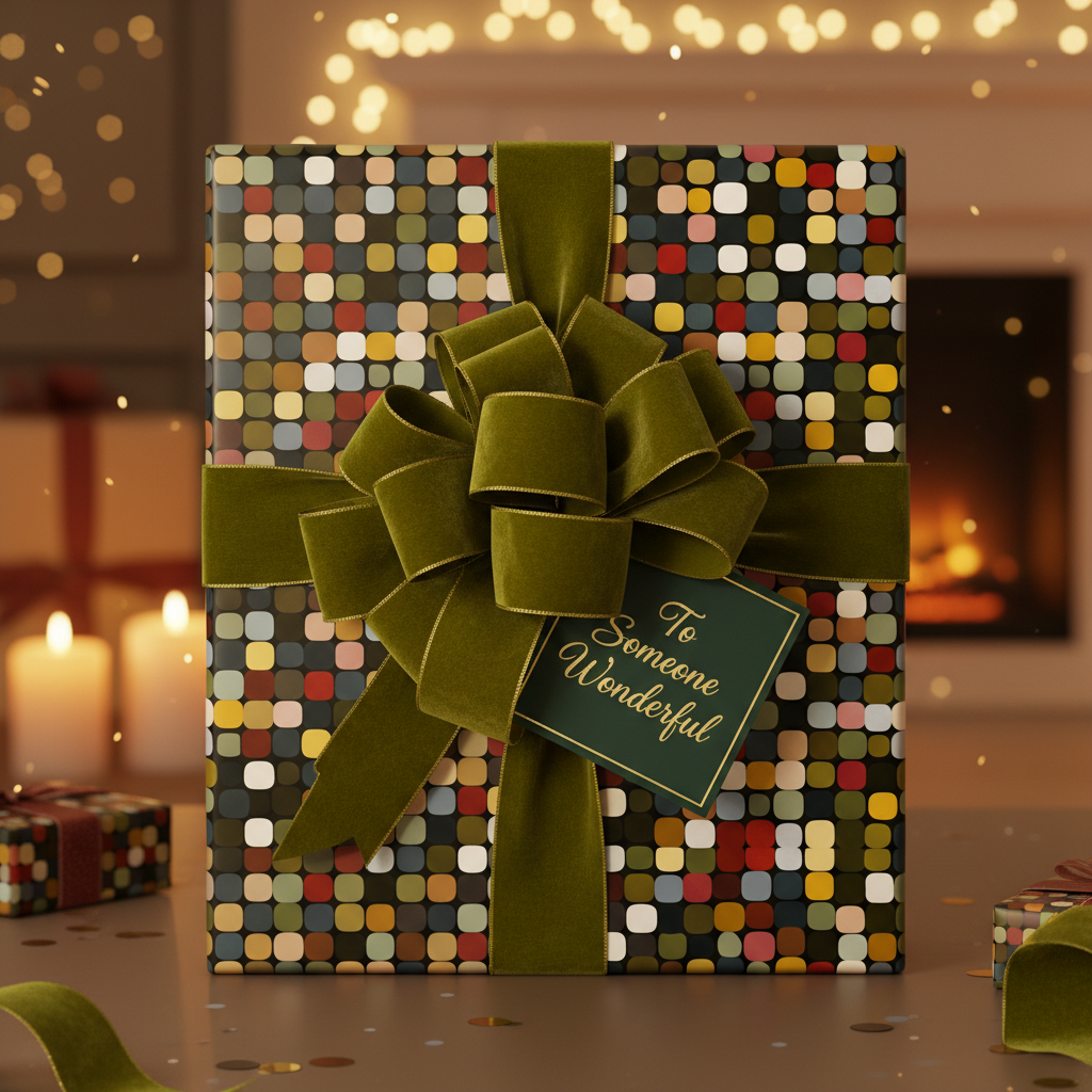 Elegant gift with abstract patterned wrapping paper and olive green velvet bow for Christmas or birthday.