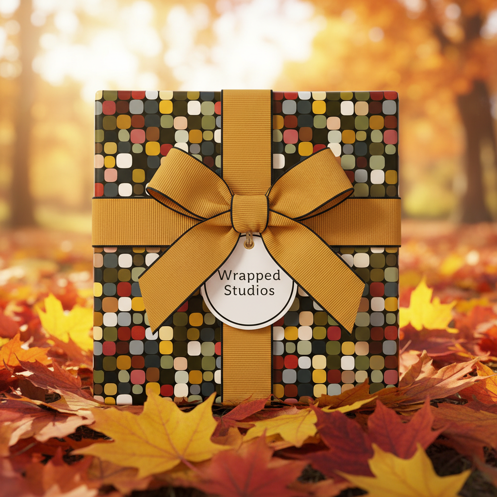 Modern gift wrap with geometric squares and a mustard ribbon for fall birthdays or Thanksgiving gifts.