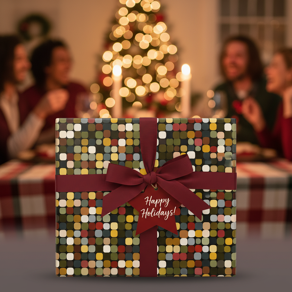 Modern Christmas gift wrap with geometric squares, burgundy ribbon, and a "Happy Holidays!" tag.