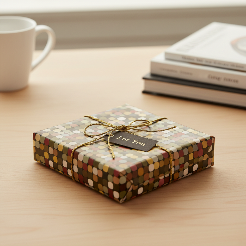 Modern gift wrap with gold twine and "For You" tag; brown, green, and cream geometric pattern.