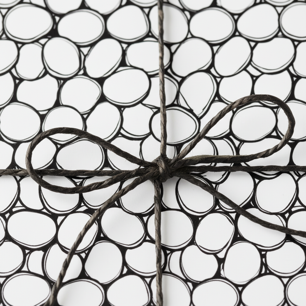 Modern black and white abstract pebble pattern wrapping paper with a simple dark twine bow, perfect for minimalist gift wrap.