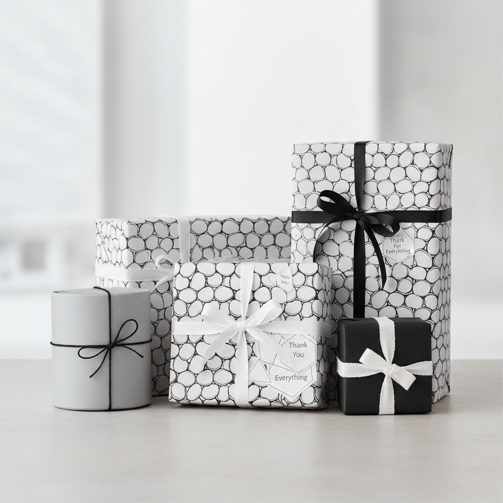 Modern minimalist gift wrapping paper set in black, white, and grey with unique pebble pattern, satin ribbons, and "Thank You" tags.
