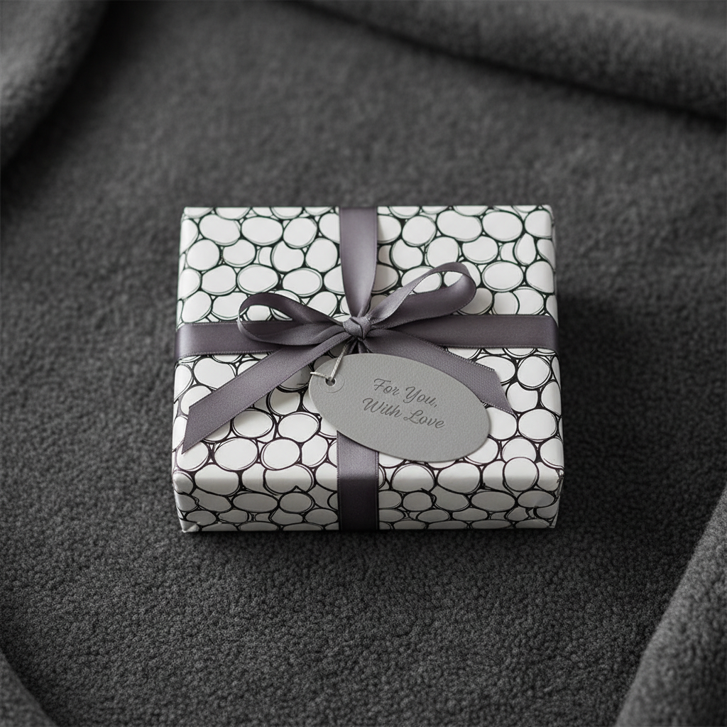 Modern black and white bubble pattern gift wrap with grey ribbon and "For You, With Love" tag on a dark grey background.