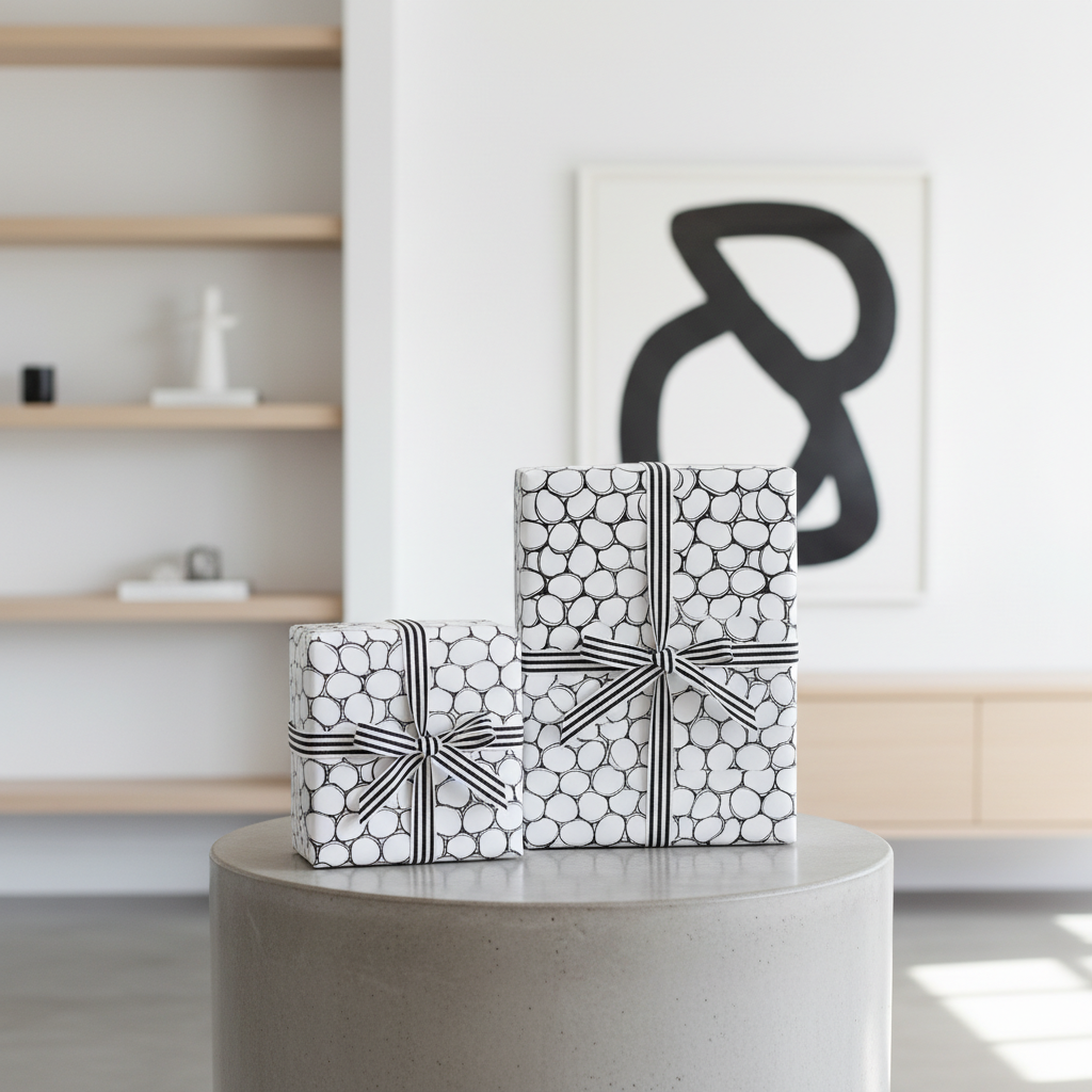 Modern black and white abstract circle wrapping paper with striped ribbon, perfect for minimalist luxury gifts.