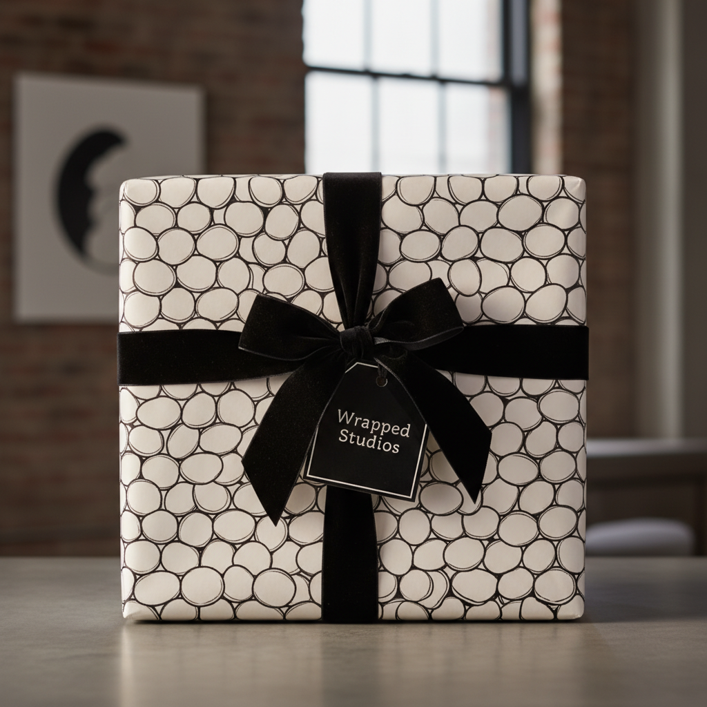 Modern black and white geometric wrapping paper with a luxurious black velvet ribbon and gift tag, perfect for sophisticated presents.