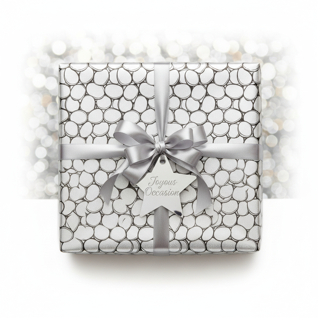 Modern luxury gift wrap with silver bubble pattern, satin ribbon, and "Joyous Occasion" tag against a bokeh background.