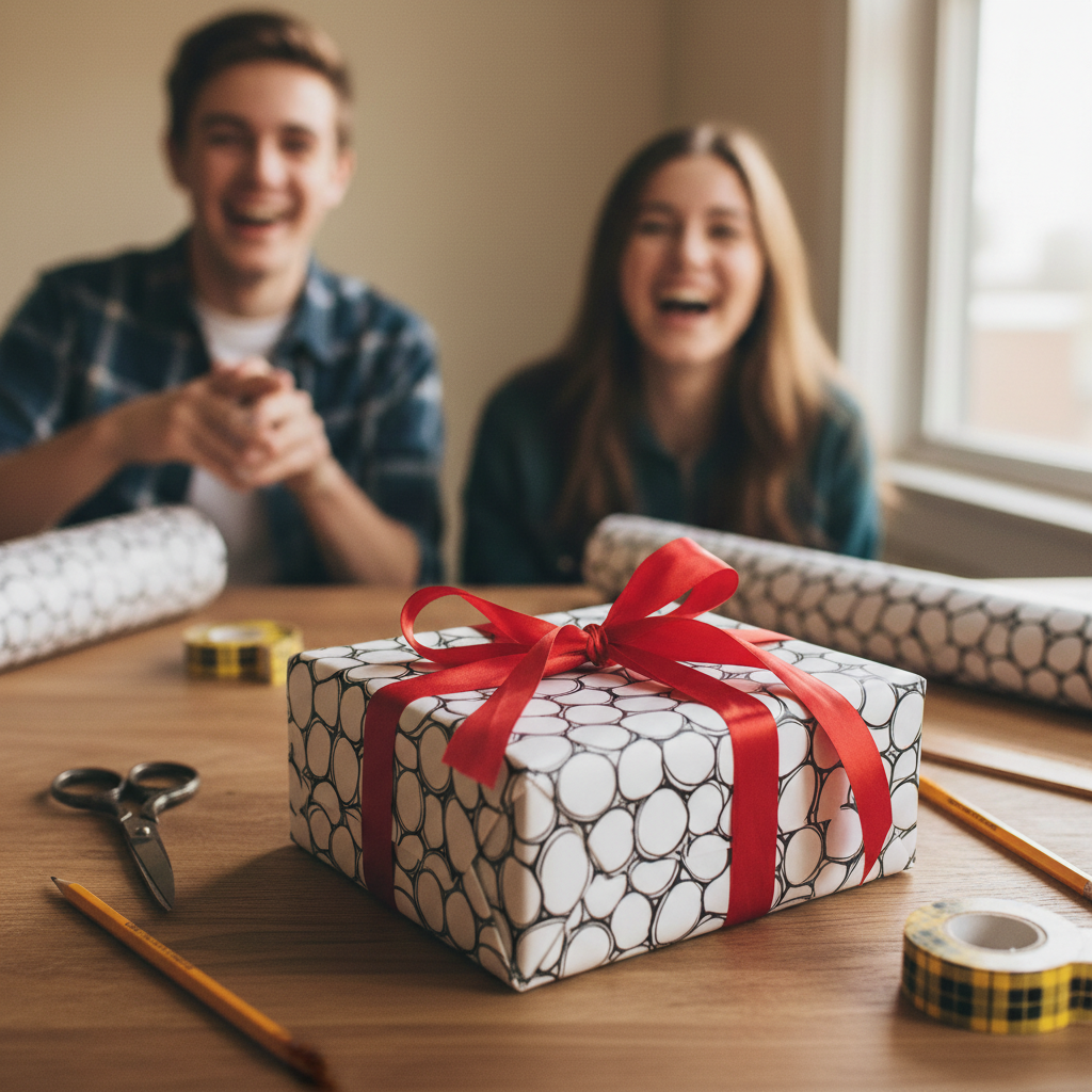 Modern black and white pattern gift wrap with a red ribbon on a wooden table, with two smiling people in the background.