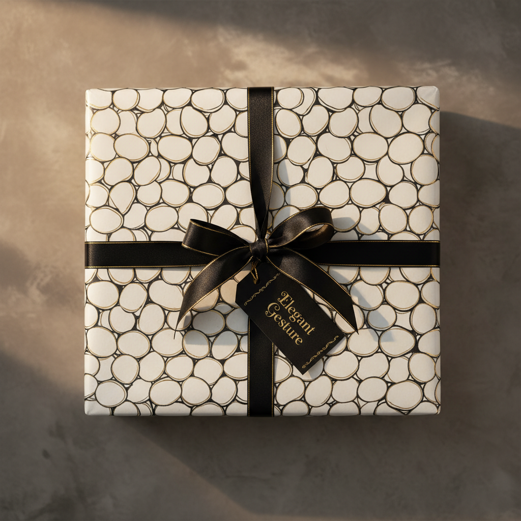 Luxury white and gold abstract pattern wrapping paper with a black ribbon bow and "Elegant Gesture" gift tag on a stone background.