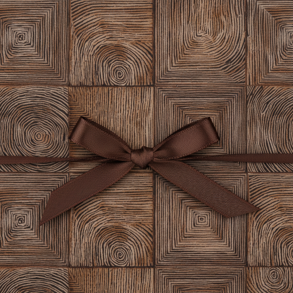 Brown luxury gift wrap with a geometric woodgrain pattern and satin ribbon bow.