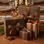 Elegant brown gift boxes wrapped in luxury gift wrap with gold ribbon, set for a Christmas celebration.