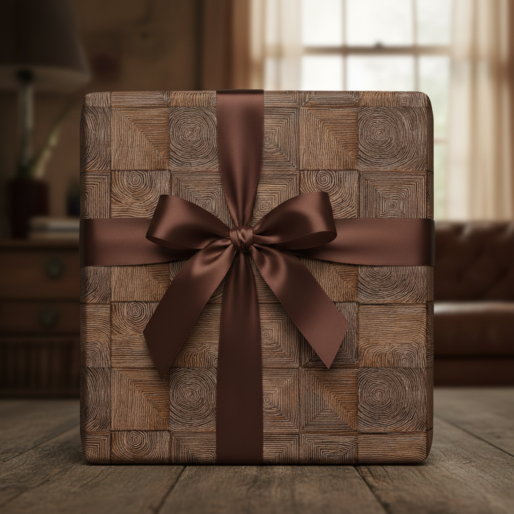 Square gift wrapped in rustic brown patterned paper and tied with a chocolate ribbon.