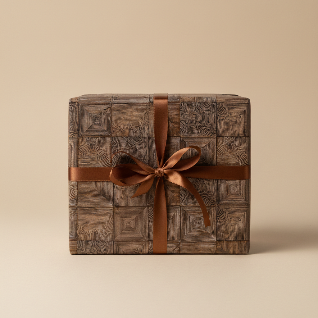 Elegant brown gift box wrapped in geometric patterned paper with a satin ribbon bow.
