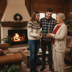 Family exchanging a gift wrapped in patterned paper with a green ribbon at Christmas.