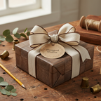 Elegant woodgrain wrapping paper with natural linen ribbon and gift tag on wooden table.