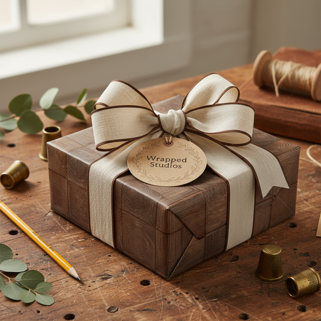 Elegant woodgrain wrapping paper with natural linen ribbon and gift tag on wooden table.
