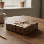 Rustic woodgrain wrapping paper on a square gift box tied with twine, resting on a wooden table.