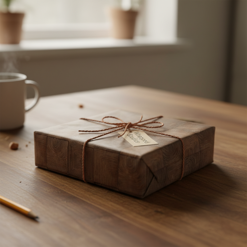 Rustic woodgrain wrapping paper on a square gift box tied with twine, resting on a wooden table.