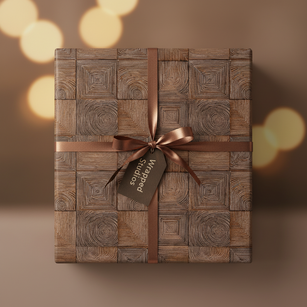 Luxury gift wrap with a geometric woodgrain pattern, tied with a satin ribbon and brown tag.