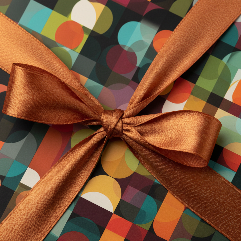 Modern geometric wrapping paper with a copper satin ribbon bow.