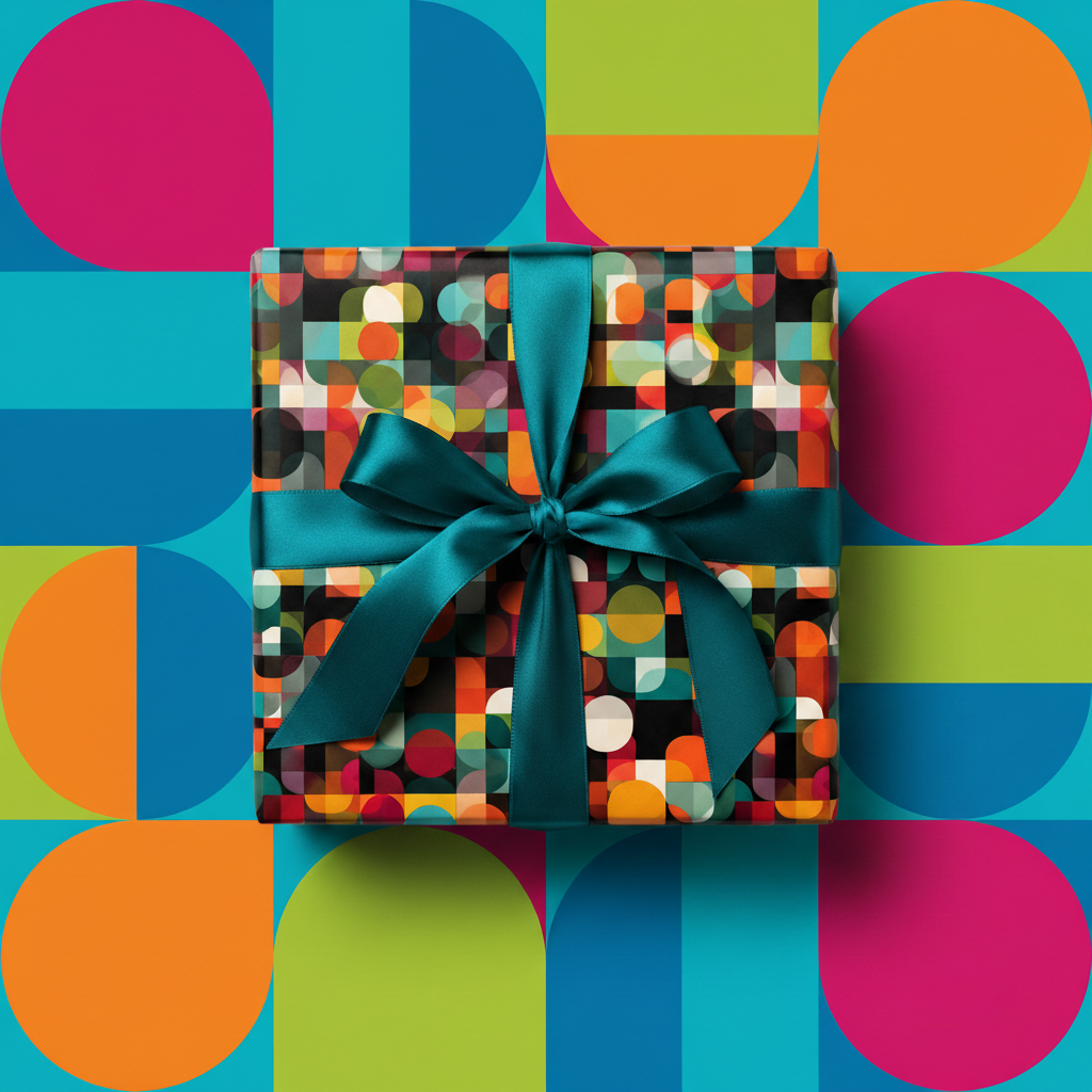 Modern birthday wrapping paper with geometric pattern and teal satin ribbon, colorful gift.