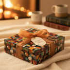 Modern geometric wrapping paper with orange ribbon, ideal for Christmas gift wrap or birthday presents.