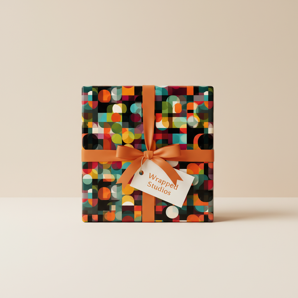 Modern gift box wrapped in geometric wrapping paper with orange ribbon and "Wrapped Studios" tag.