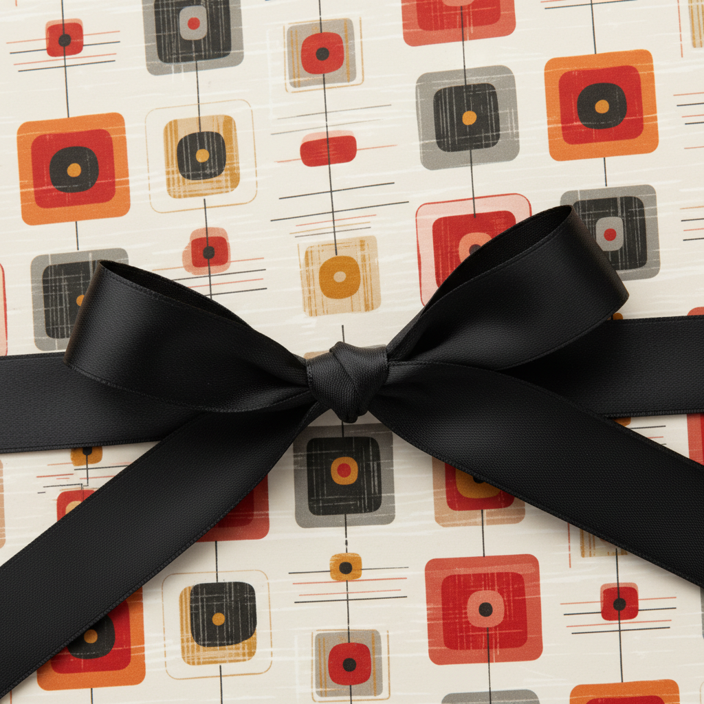 Retro-style wrapping paper with orange, red, and gray squares, tied with a black satin ribbon.
