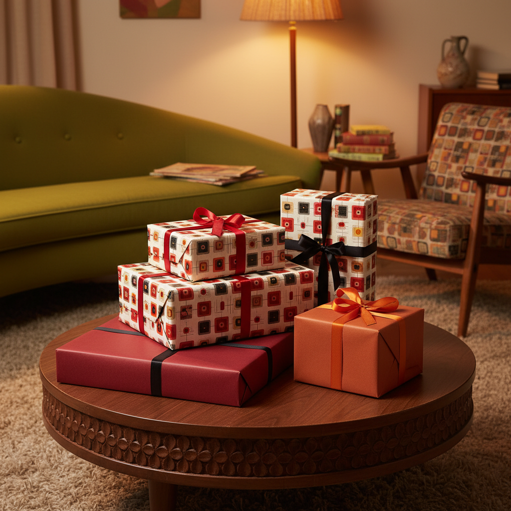 Gifts wrapped in modern geometric and solid color wrapping paper with ribbons on a coffee table in a mid-century modern living room.