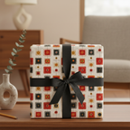 Retro gift wrapped in geometric wrapping paper with black ribbon, sitting on a mid-century modern table.