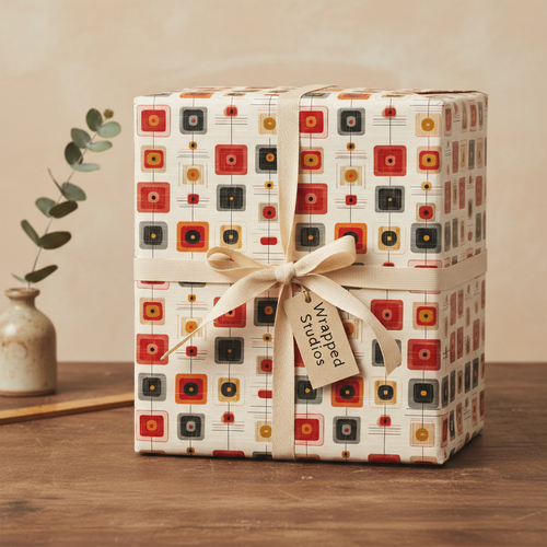 Retro modern wrapping paper with red, black, and gold geometric square design, tied with a beige ribbon and gift tag.