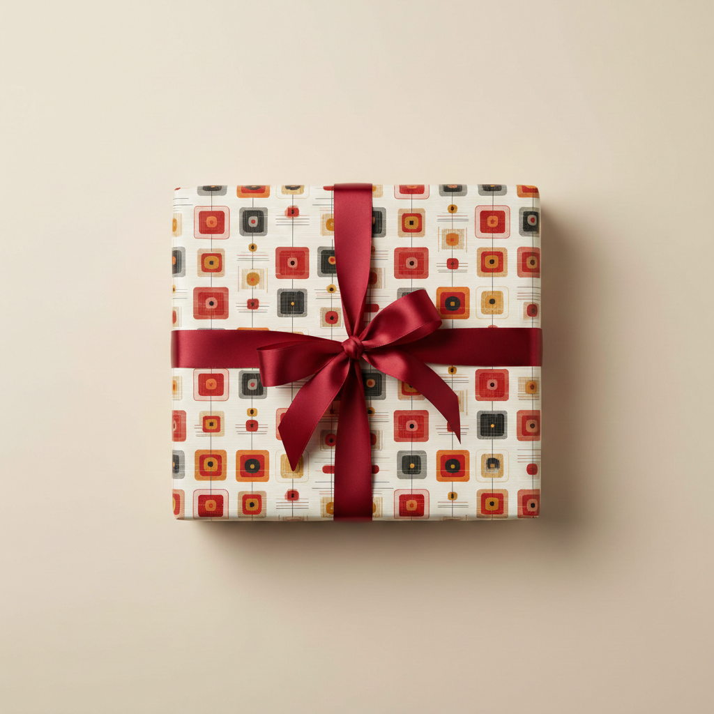 Retro-chic gift wrapped in geometric square wrapping paper with a burgundy satin bow.