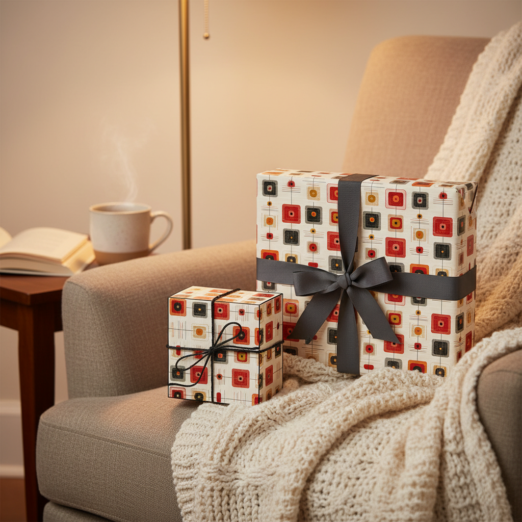 Retro square patterned gift wrap with gray ribbons for a birthday or special occasion present.