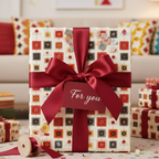 Retro geometric gift wrap with red ribbon and "For You" tag, perfect for birthday wrapping paper.