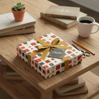 Retro style wrapping paper with squares and a gold ribbon, on a present with a "Cheers" tag.
