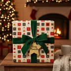 Retro-style Christmas gift wrap with a velvet green ribbon and geometric pattern against a cozy holiday scene.