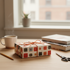 Modern square pattern gift wrapped with orange twine on a desk near coffee.