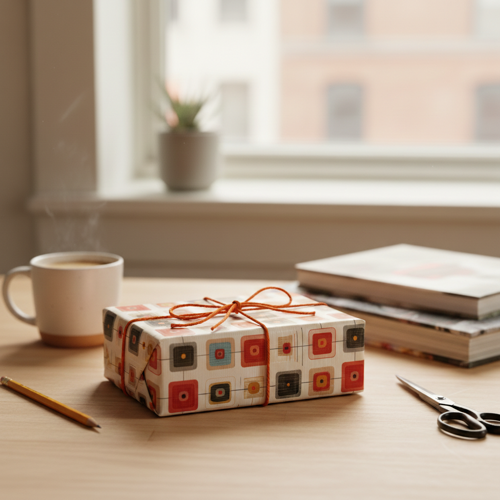 Modern square pattern gift wrapped with orange twine on a desk near coffee.