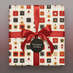 Retro wrapping paper featuring geometric squares and circles, tied with a festive red satin ribbon.