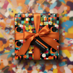 Modern geometric wrapping paper with orange ribbon and bow.