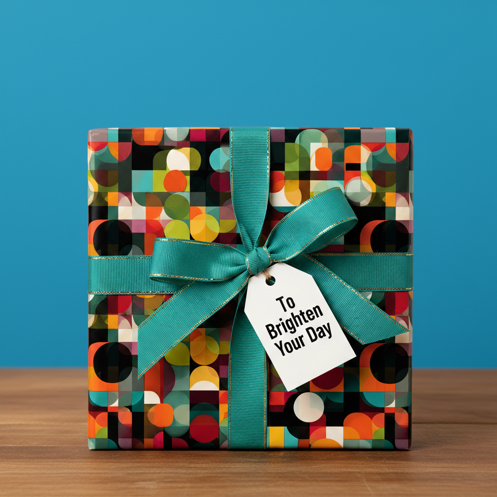 Bright gift with geometric wrapping paper, teal ribbon, and a tag reading "To Brighten Your Day."
