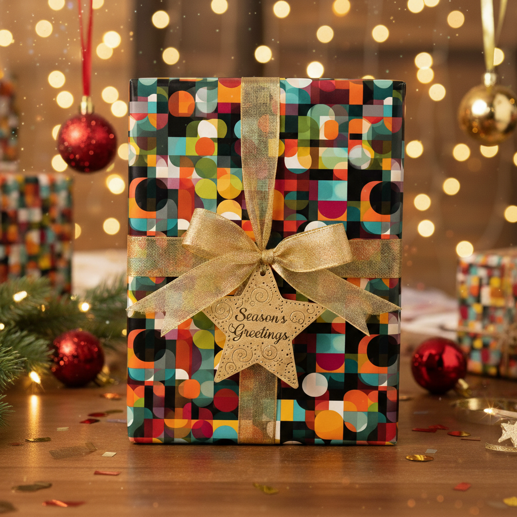 Geometric Christmas wrapping paper with a gold ribbon and "Season's Greetings" tag on a rectangular gift box.