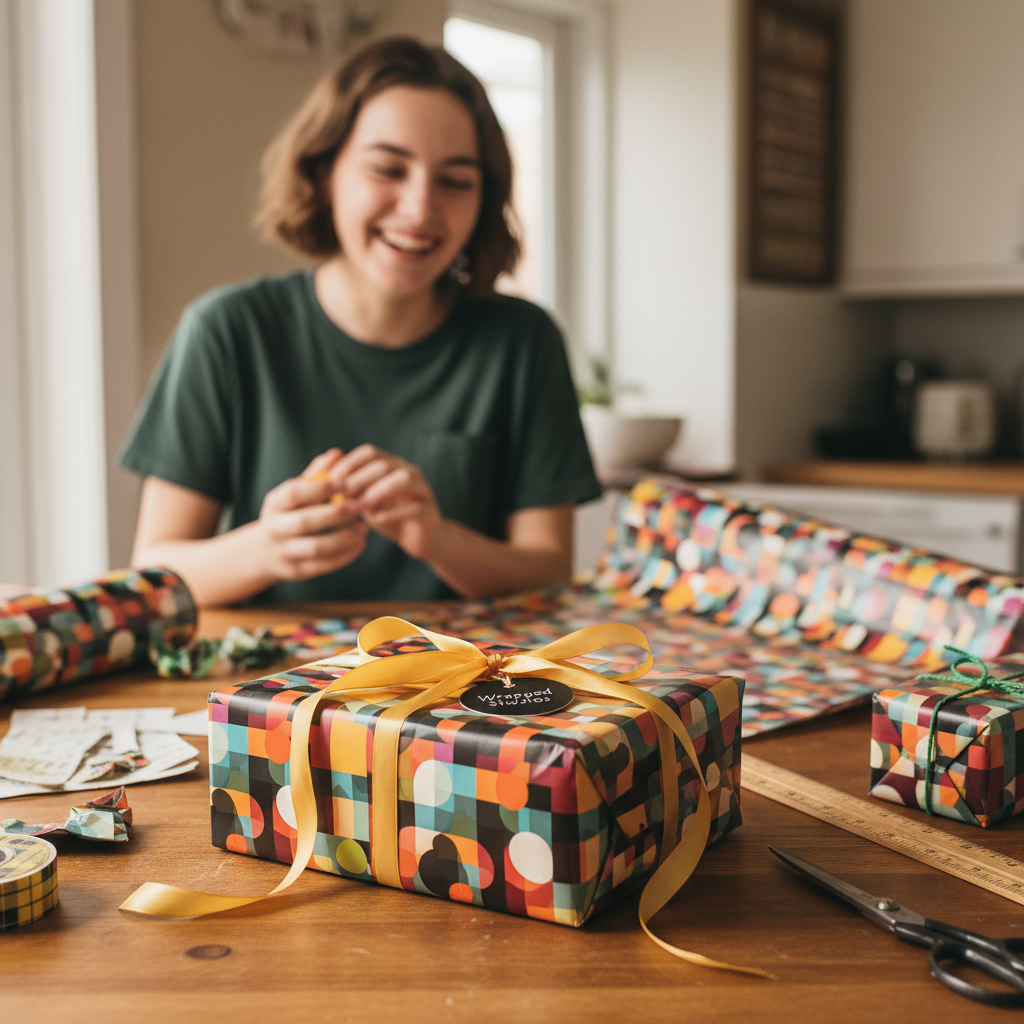 Person wrapping a gift with modern geometric wrapping paper and a gold ribbon bow.