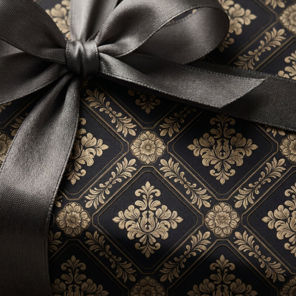 Elegant black and gold damask wrapping paper with a grey satin ribbon bow by Wrapped Studios.