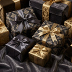 Luxury black and gold damask wrapping paper with elegant satin bows by Wrapped Studios.